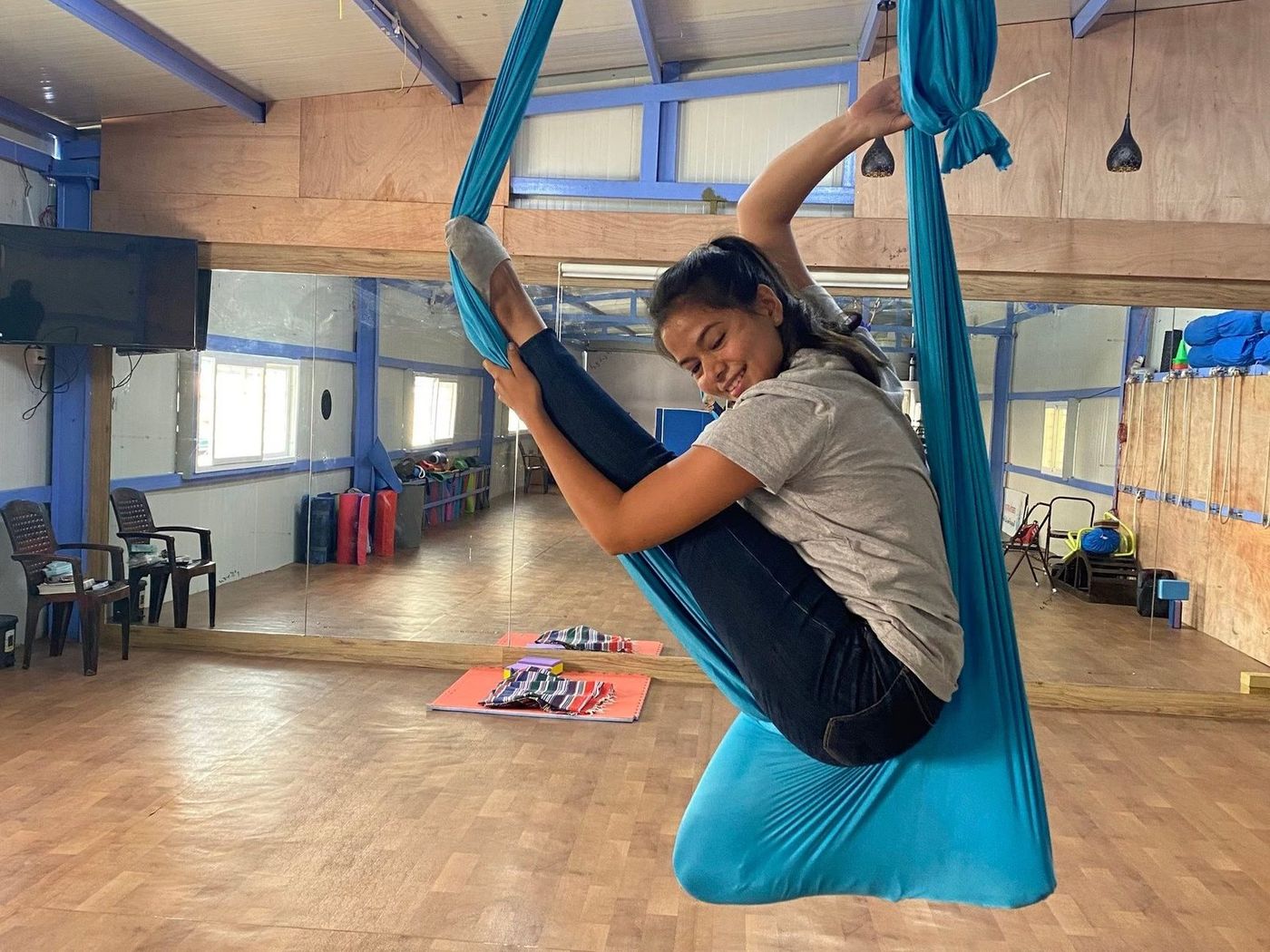 Aerial yoga in the silks